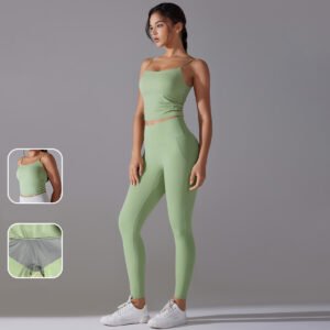 Two-piece Set of Sports Bra with Beautiful Back, Crossed and Color-blocked Design and Yoga Long Pants.