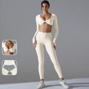 Anti-bacterial High-elastic Tight Fitness Yoga Set with Double-sided Brocade Long Sleeves