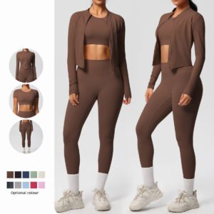 Women's Solid Color Brushed Breathable Tight Fitness Coat Three-piece Set for Sports, Running and Yoga