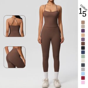 Solid Color Bare-feel Double-sided Brushed Backless Tight Sportswear Set for Yoga, Running and Fitness (Two-piece Set)